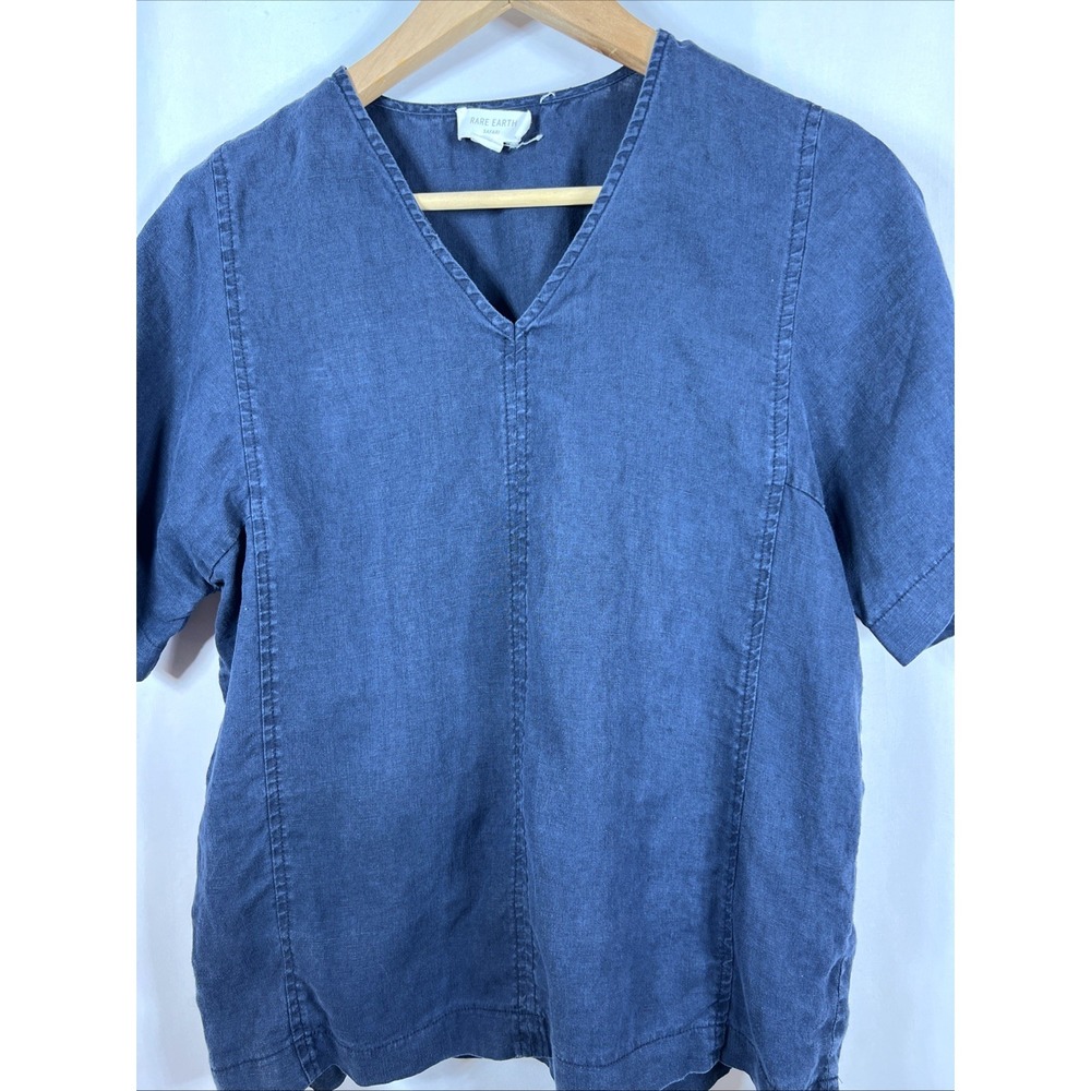 Rare Earth Safari Women's Blue V-Neck 100% Linen Minimalist Cooling Top Size 10